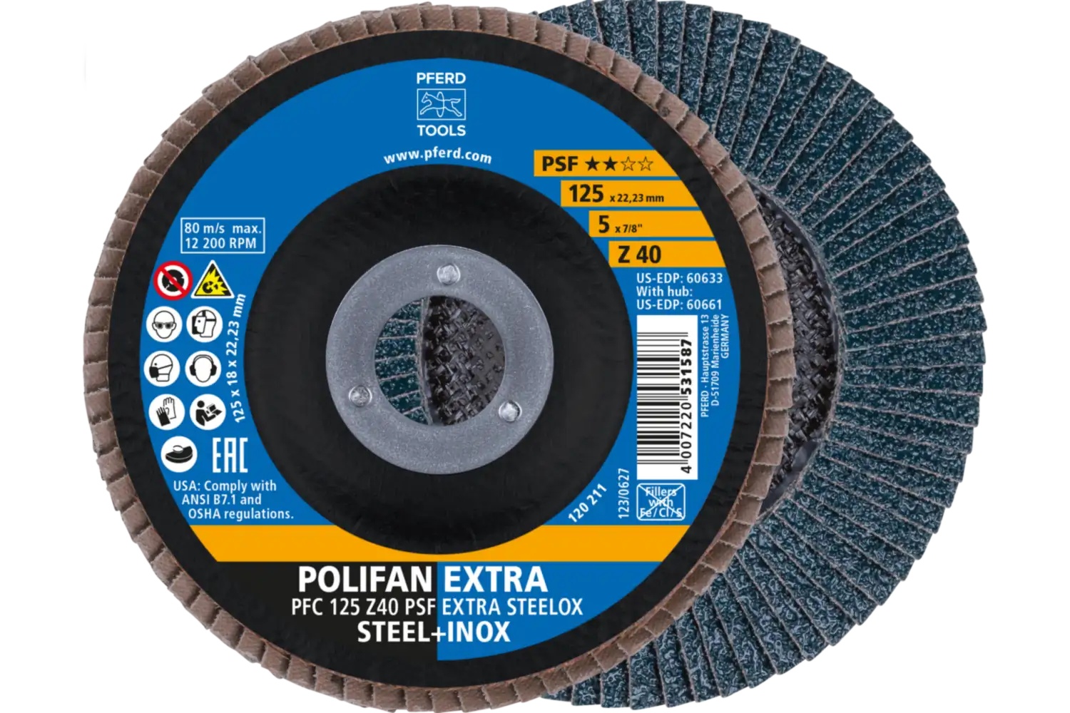 Picture of Pferd Flap Disc, 5" x 7/8, Z PSF Extra Steelox, 40 Grit, T29, Conical, Zirconia